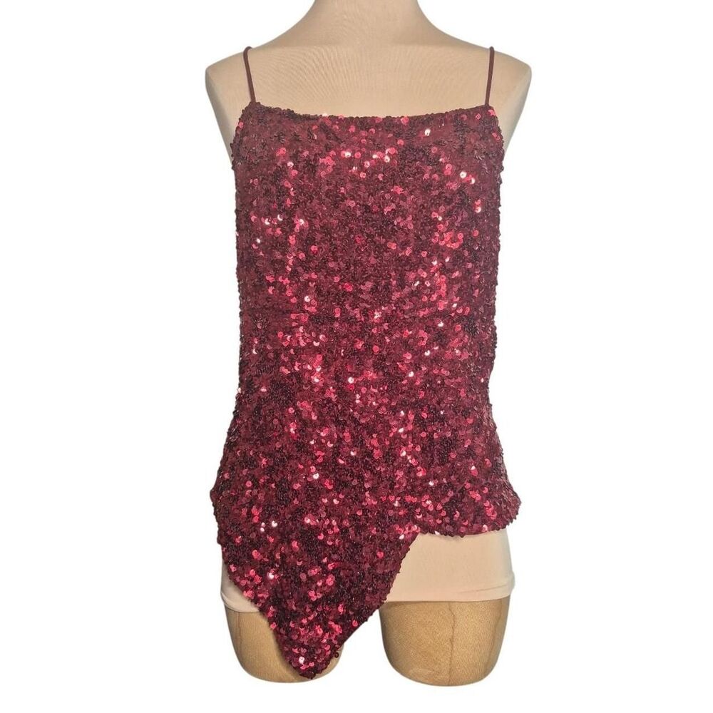 Cache Red Sequin Cami Top Asymmetrical Handkerchief Hem Y2K Size Small